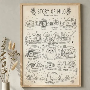 Personalized Pet Life Story Map Print with dog or cat milestones – pet memorial wall art
