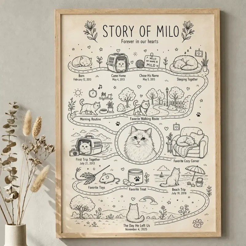 Custom-Pet-Life-Story-Map-Print-6 Personalized Pet Life Story Map Print with dog or cat milestones β pet memorial wall art