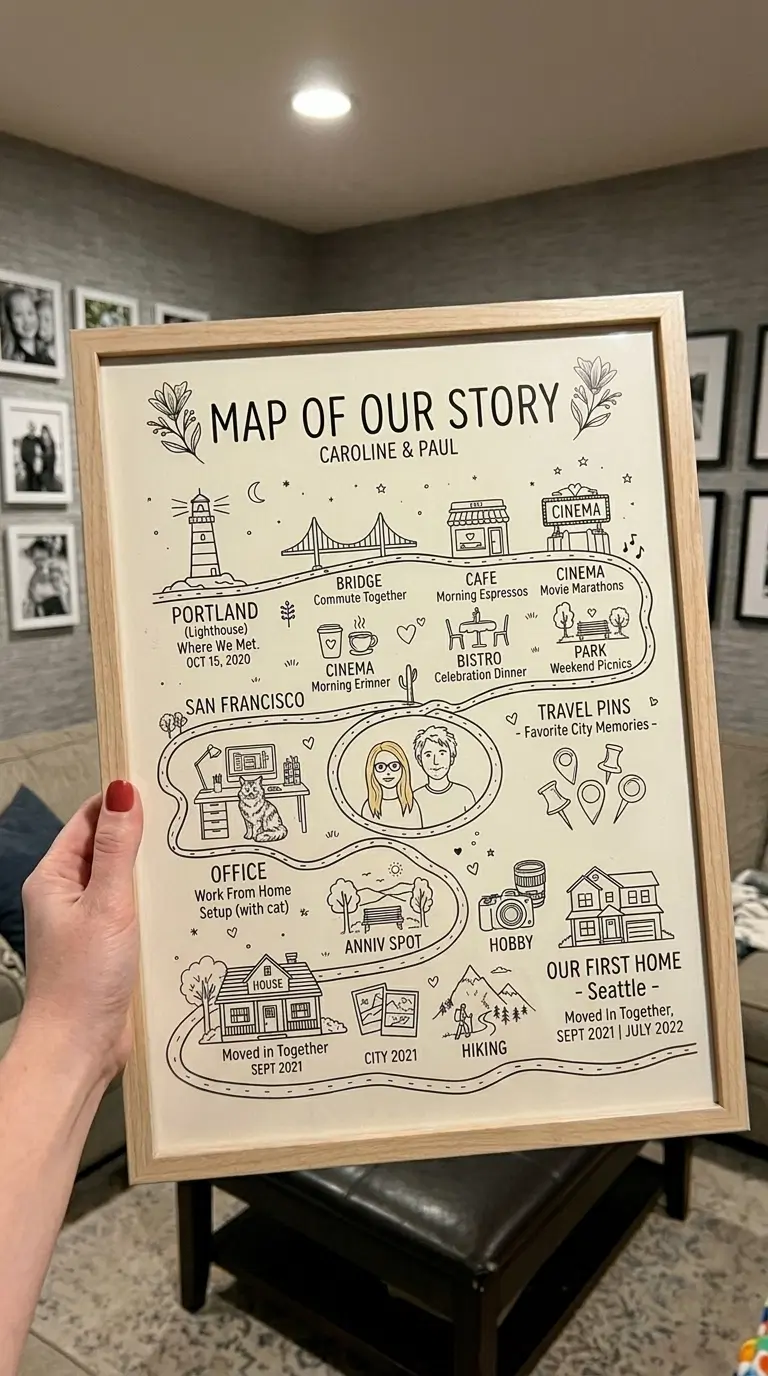 Personalized love map print framed as couple's anniversary home decor gift