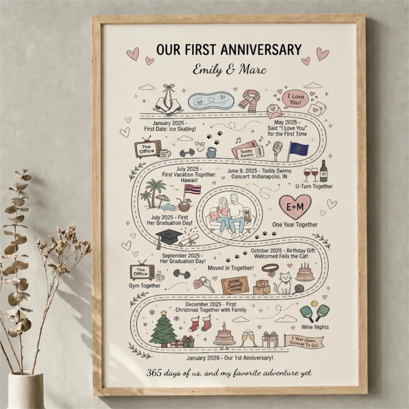 First-Anniversary-Map-Gift-7 Personalized 1st anniversary relationship map poster featuring custom hand-drawn doodle timeline, couple milestones, and minimalist line art on cream paper.