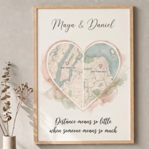Personalized long distance relationship map print with two locations for couple gift