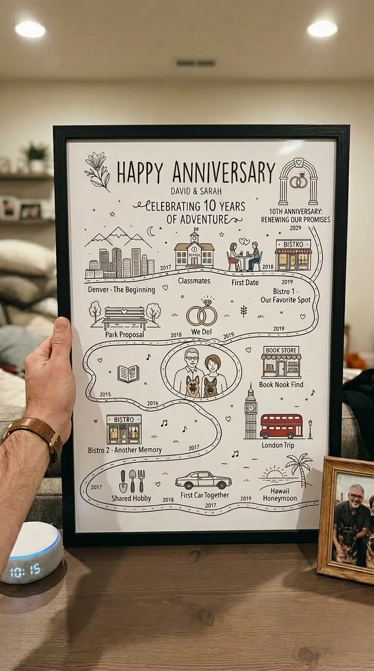Custom couple map print as 10-year anniversary milestone gift displayed in modern home
