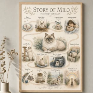 Cat memorial map print gift for cat loss remembrance