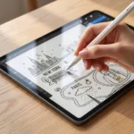 Close-up of a graphic designer using a stylus pen on a tablet screen illustrating the custom relationship map design process.