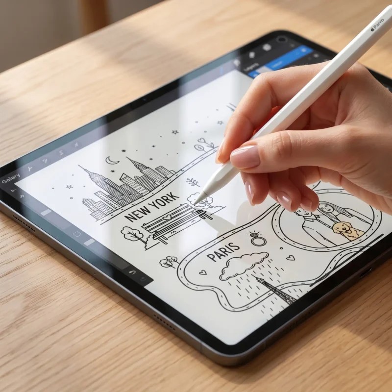 Close-up of a graphic designer using a stylus pen on a tablet screen illustrating the custom relationship map design process.