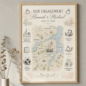 Personalized engagement map gift with proposal location print, romantic couple wall art, and custom wedding keepsake design