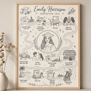 custom graduation map gift in minimalist line art showing a student milestone journey with central graduation portrait