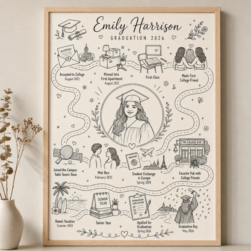 custom graduation map gift in minimalist line art showing a student milestone journey with central graduation portrait