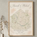 personalized housewarming map gift with couple names and house silhouette