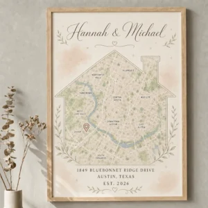 personalized housewarming map gift with couple names and house silhouette
