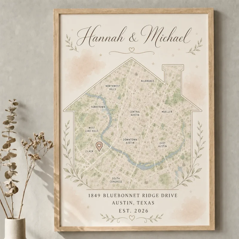 housewarming-map-gift-6 personalized housewarming map gift with couple names and house silhouette