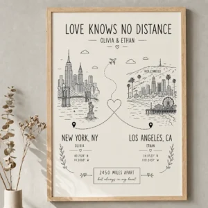Long distance relationship map framed print