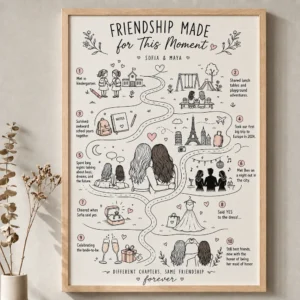 Personalized bridesmaid gift frame print with a custom friendship map design for a bride-to-be