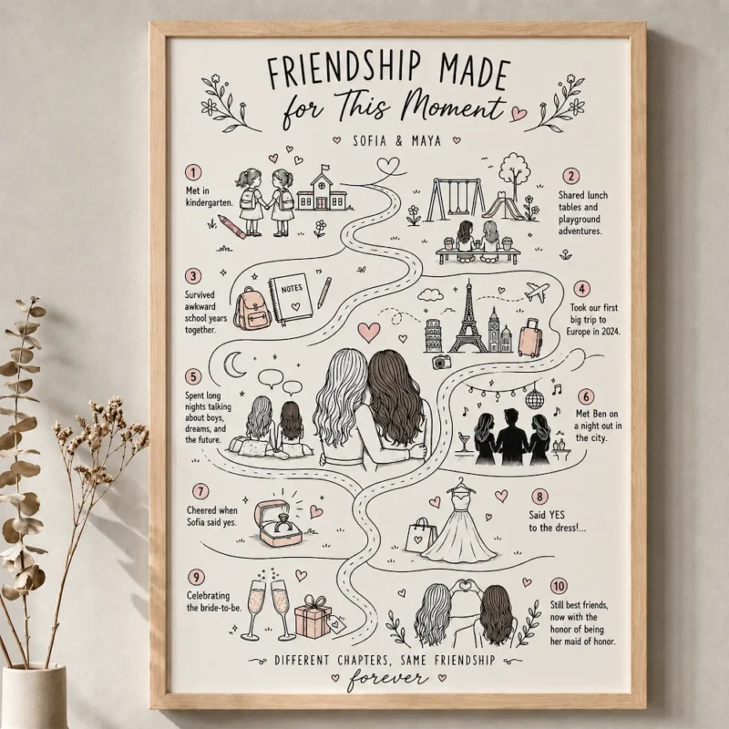 Personalized bridesmaid gift frame print with a custom friendship map design for a bride-to-be