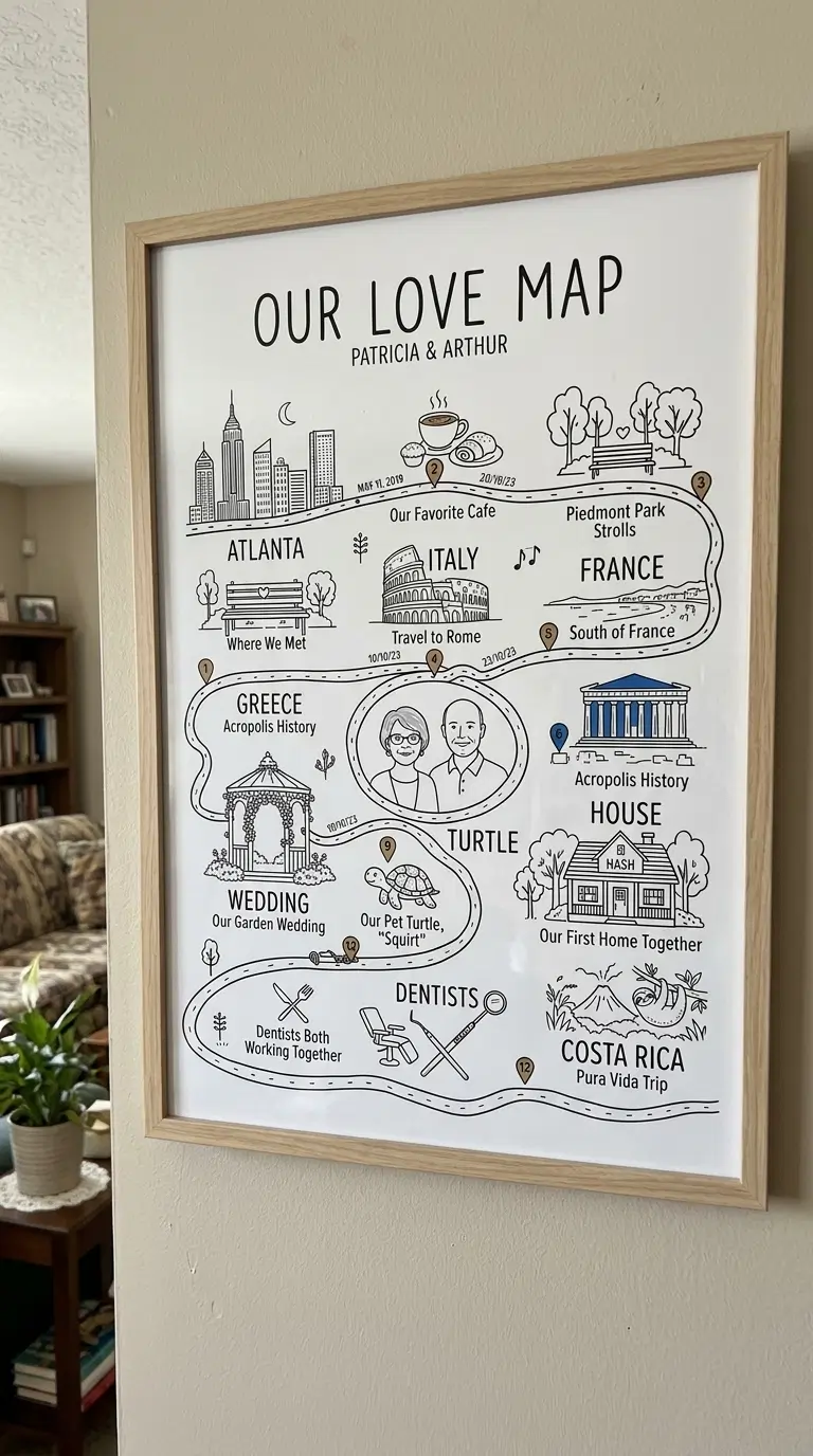 Map of our story — custom couple map print framed as anniversary gift