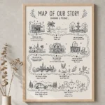 Personalized relationship map of our story milestone wall art with a chronological map timeline for a couple and their family story