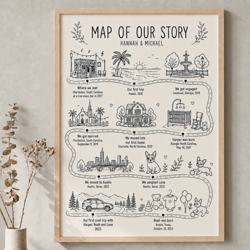 map-of-our-story-framed-print-7 Personalized relationship map of our story milestone wall art with a chronological map timeline for a couple and their family story
