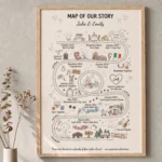 Custom map of our story print framed on a wall as a personalized anniversary gift for couples