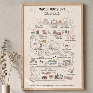 Custom map of our story print framed on a wall as a personalized anniversary gift for couples