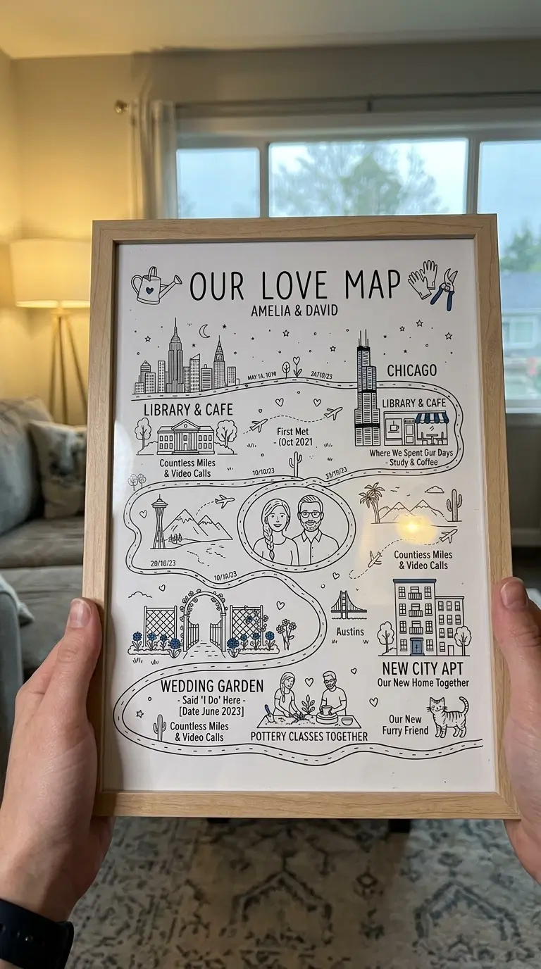 Long distance relationship custom map gift showing cities between two partners