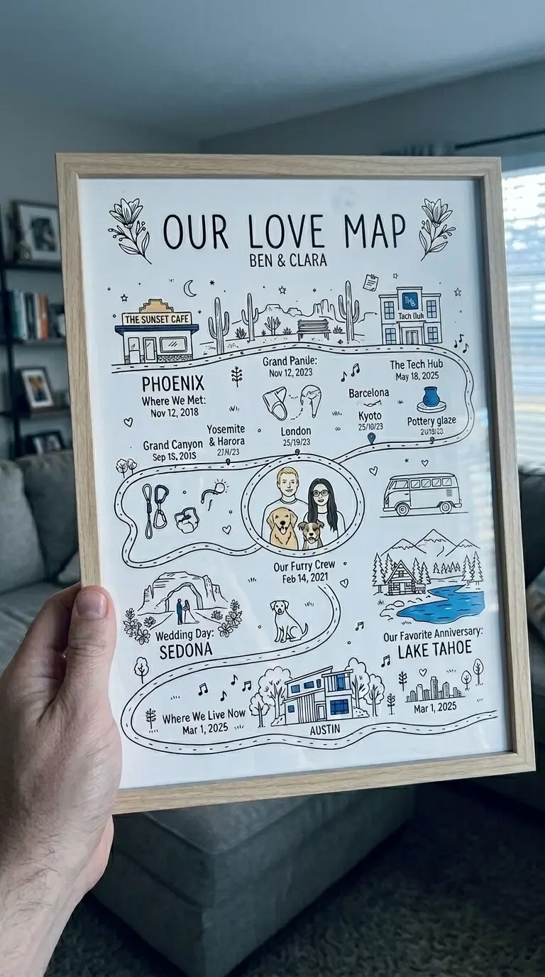 Framed love map print gift for wife's birthday