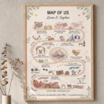 Personalized map of us print in a wooden frame as a custom wedding anniversary gift for husband or wife