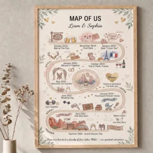 Personalized map of us print in a wooden frame as a custom wedding anniversary gift for husband or wife