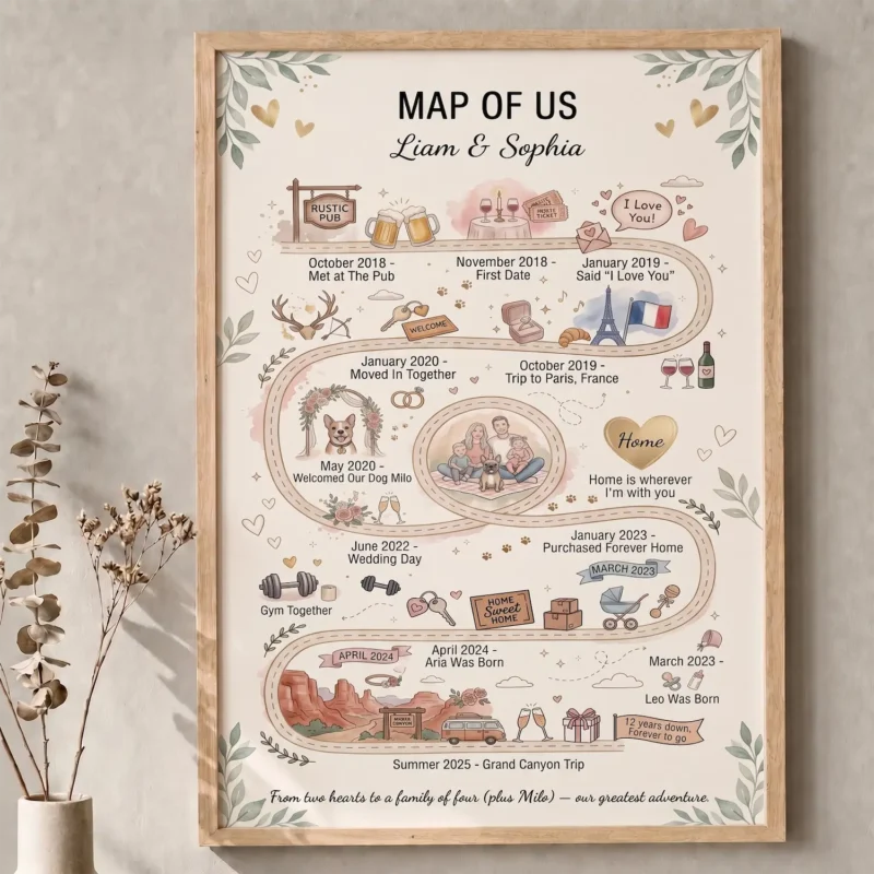 Personalized map of us print in a wooden frame as a custom wedding anniversary gift for husband or wife