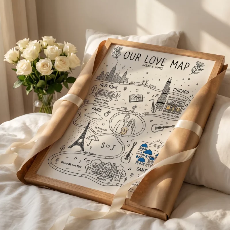 A meaningful anniversary gift idea featuring a custom framed map partially wrapped in kraft paper on a bed with fresh white roses.
