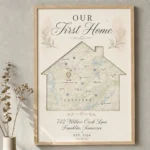 Our first home map gift with house silhouette, custom location pin, home address map housewarming wall art design