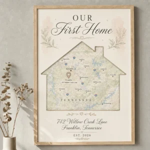 Our first home map gift with house silhouette, custom location pin, home address map housewarming wall art design
