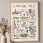 Personalized Our Love Map print framed on a wall, custom wedding anniversary gift for couples.