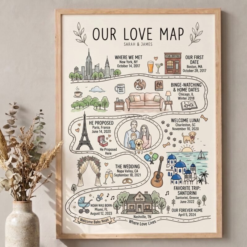 our-love-map-anniversary-gift-6 Personalized Our Love Map print framed on a wall, custom wedding anniversary gift for couples.