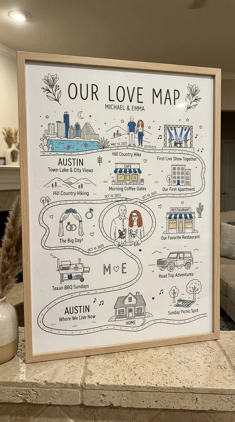Wedding anniversary map of our story print displayed in living room