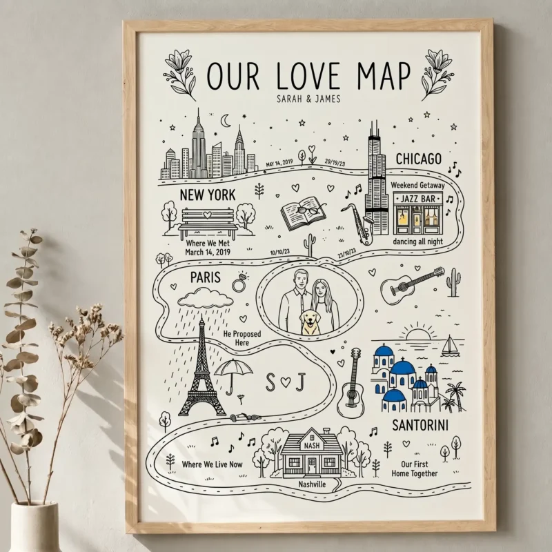 Our Love Map custom wall art print in a vertical natural wood frame displayed next to a minimalist vase with dried plants.