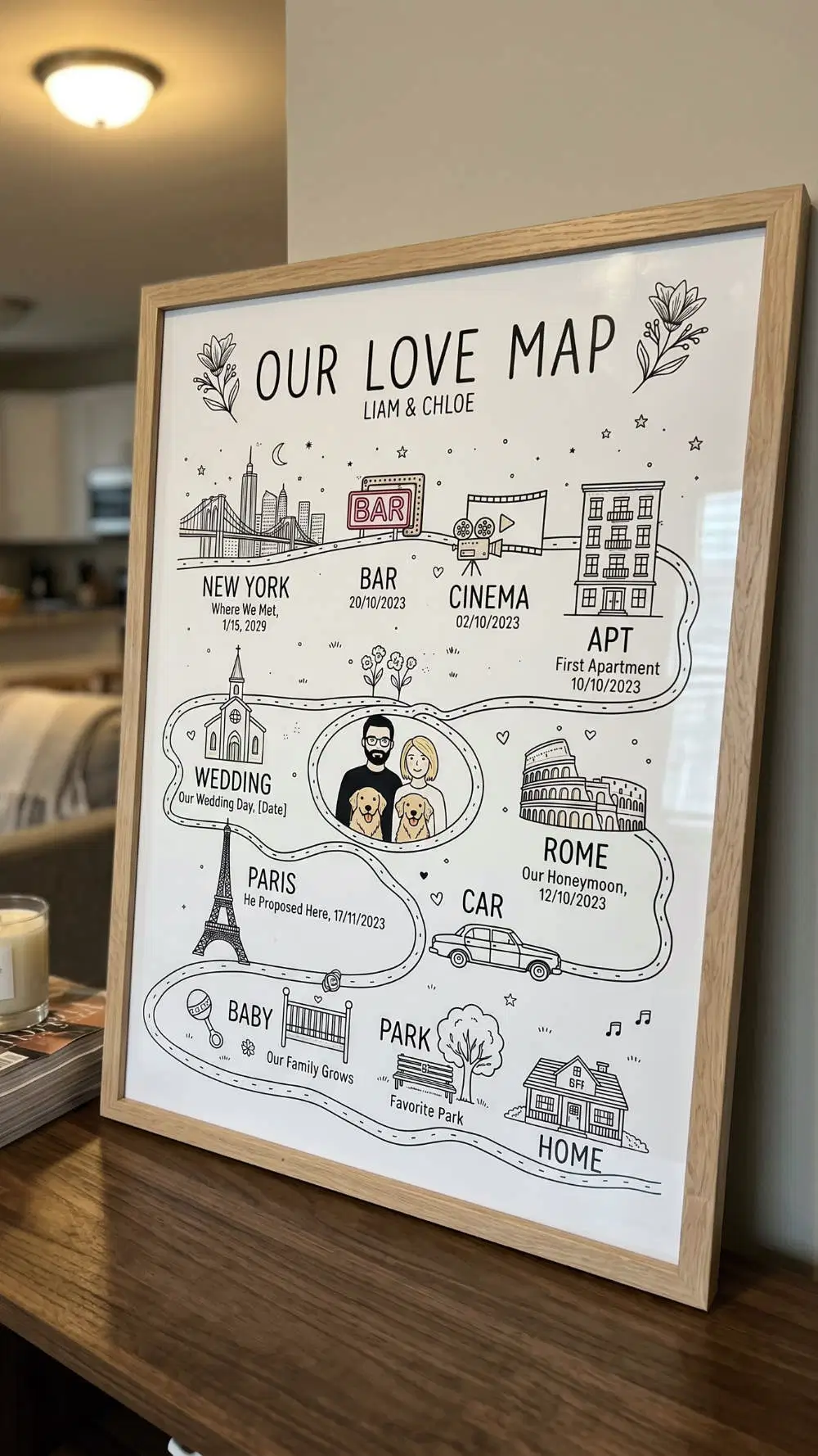 Wedding gift map of our story — newlyweds with their personalized love map