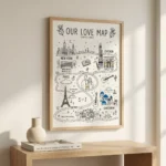 Personalized love map in a light oak frame styled as modern home decor on a wooden console table with an abstract ceramic vase.