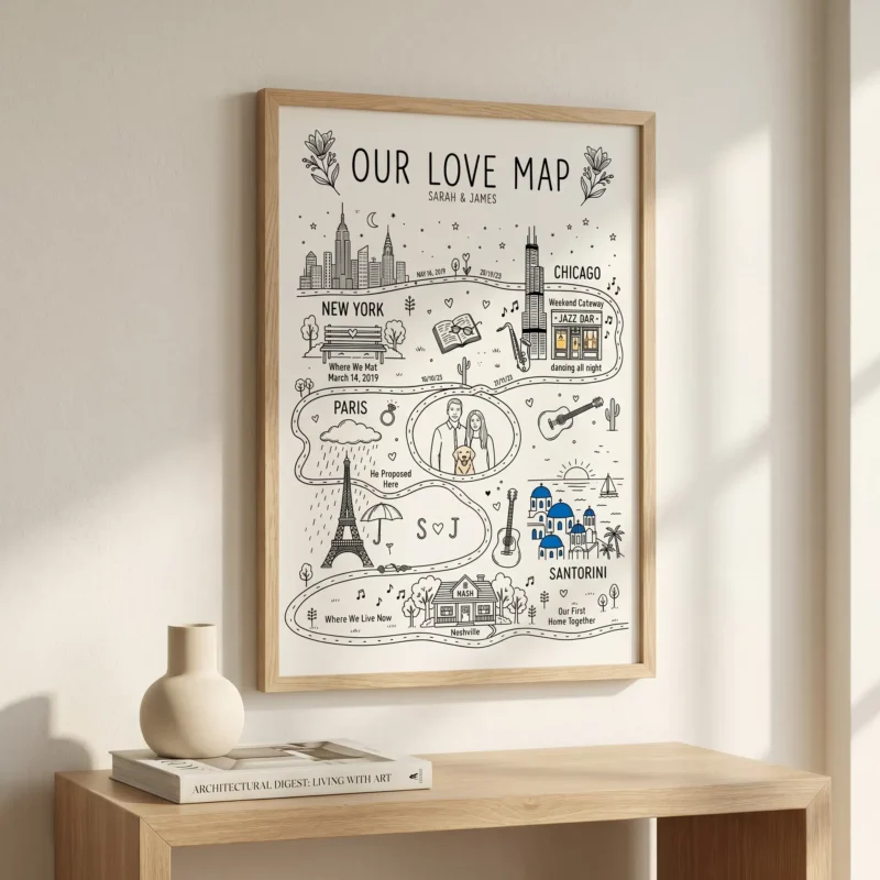 Personalized love map in a light oak frame styled as modern home decor on a wooden console table with an abstract ceramic vase.