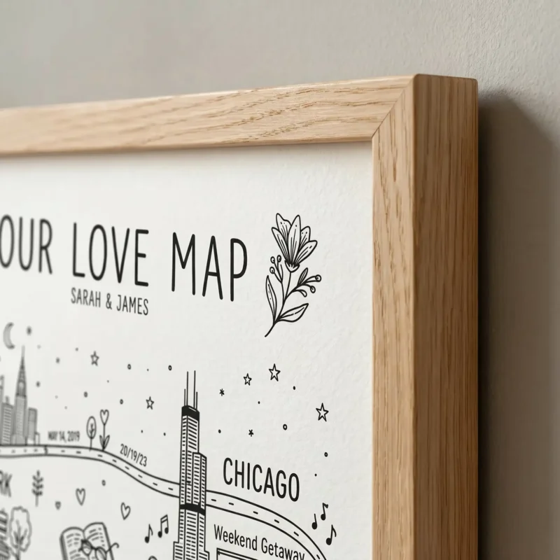 Close-up corner detail of a premium natural wood frame showcasing high-quality heavy cotton art paper texture and sharp ink lines.