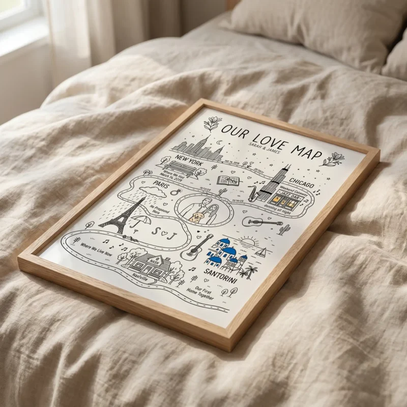 A relationship timeline art print titled Our Love Map in a natural oak wood frame lying flat on cozy beige linen bedding.