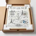 Secure art print packaging showing a large framed map safely packed inside a heavy-duty cardboard shipping box with foam corner guards.