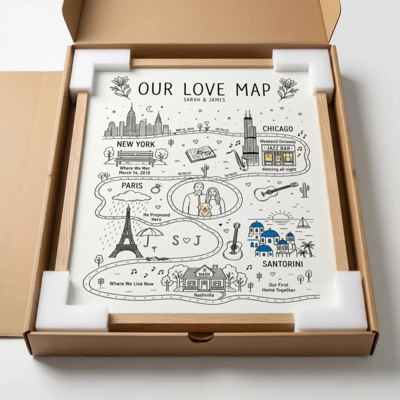 Secure art print packaging showing a large framed map safely packed inside a heavy-duty cardboard shipping box with foam corner guards.