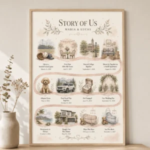 Story of us map in watercolor style with milestone details - premium gift for anniversaries