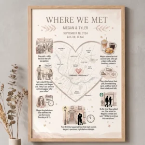 Personalized Where We Met couple heart map poster with story timeline print
