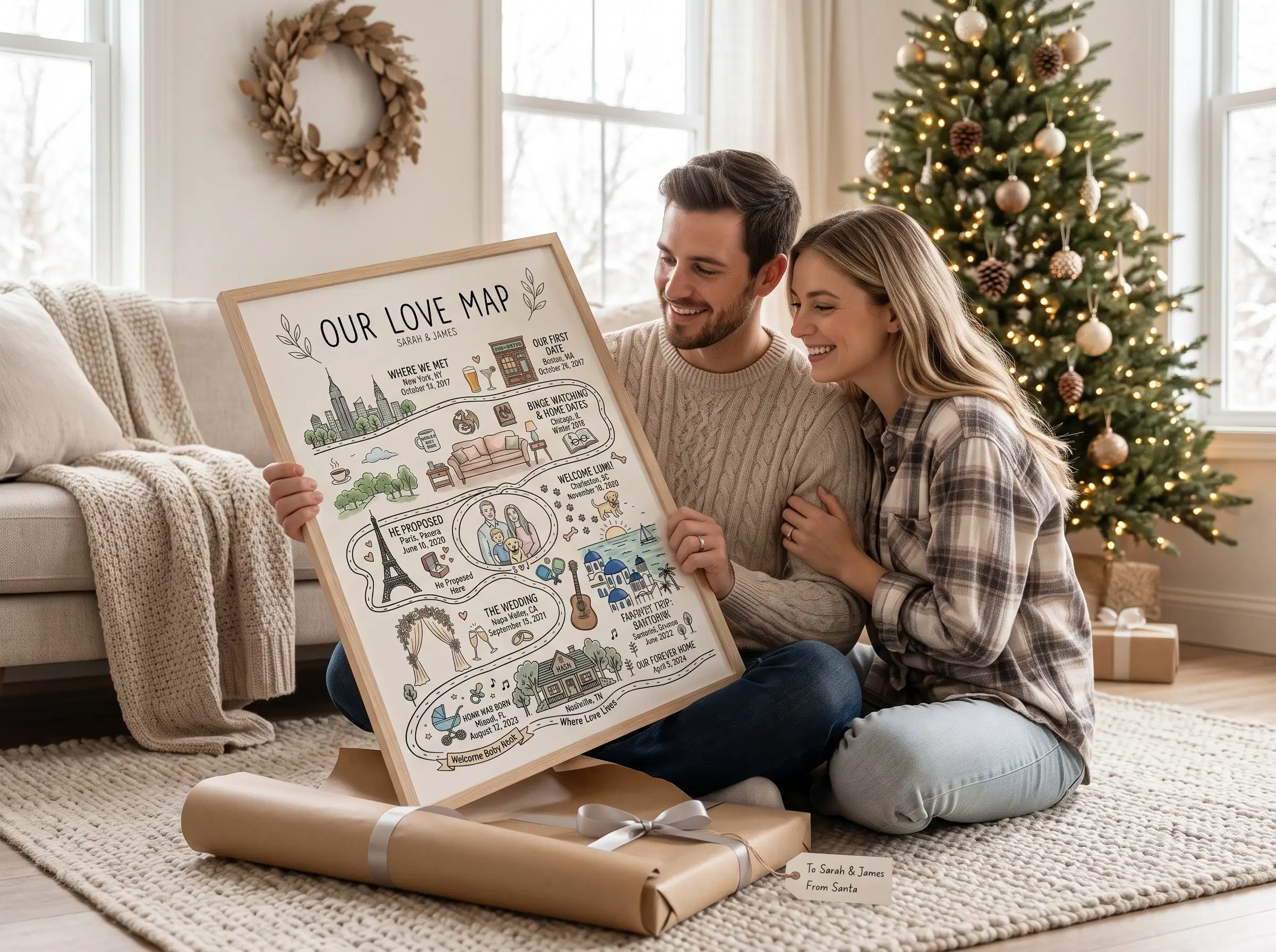 Couple sitting by a Christmas tree unwrapping a framed custom relationship map art print
