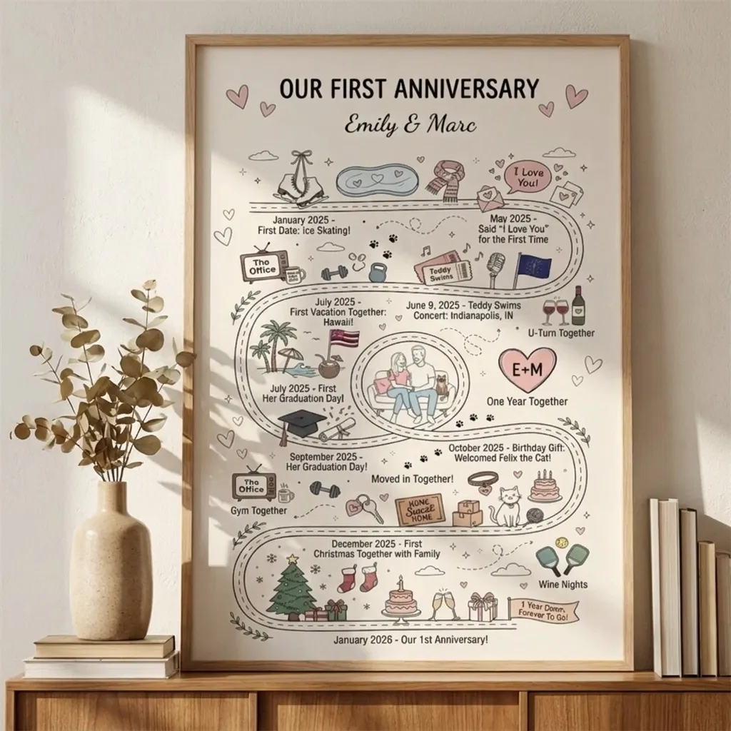 A framed first anniversary paper map displayed above a console table in a sunlit living room