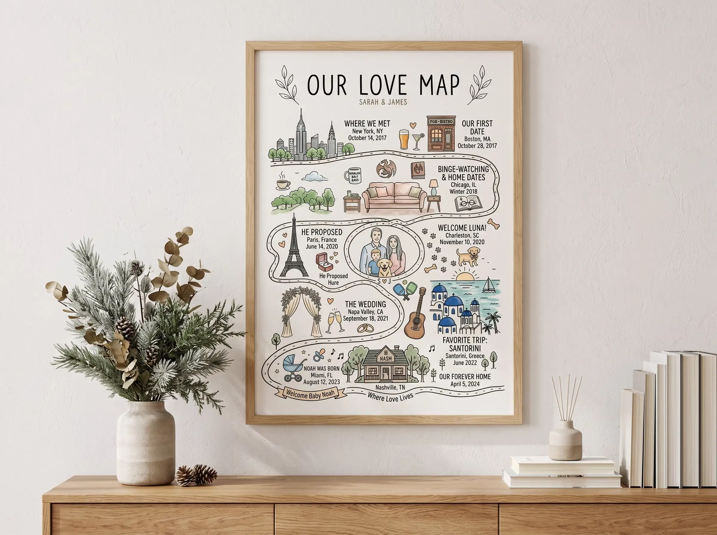 Custom three-location relationship map in a natural wood frame displayed on an interior wall