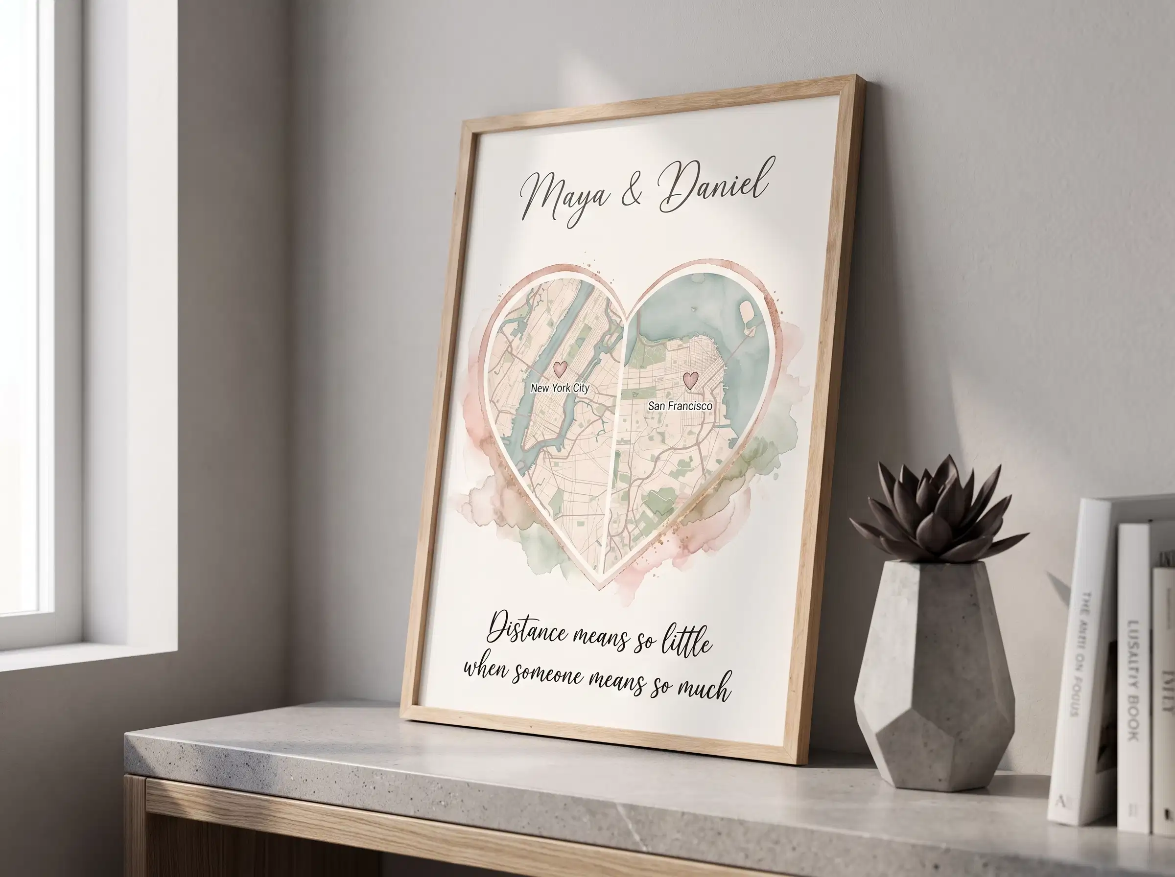 Framed two-city map art displayed on a bedroom wall above a nightstand